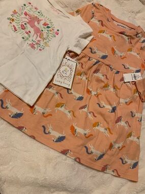 NWT Cute Unicorn Duo Peach Old Navy Dress and Lucky Penny Cream Top Size 3T